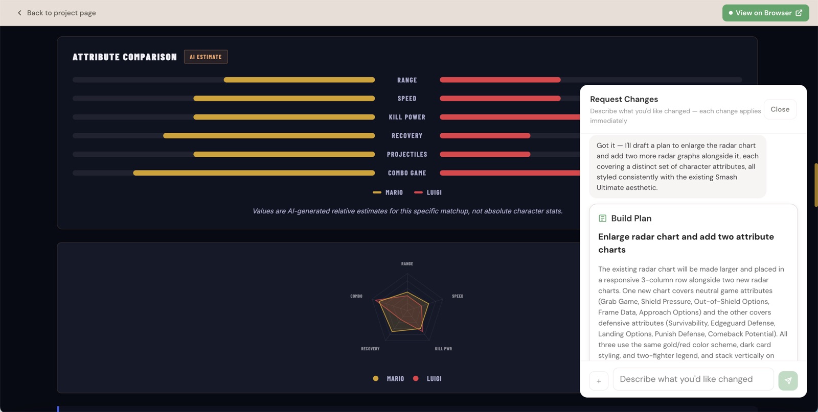 Conjure responds with a build plan to enlarge the radar chart and add two attribute charts, with an option to apply it.